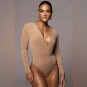 Tan Dominique Deep V Bodysuit